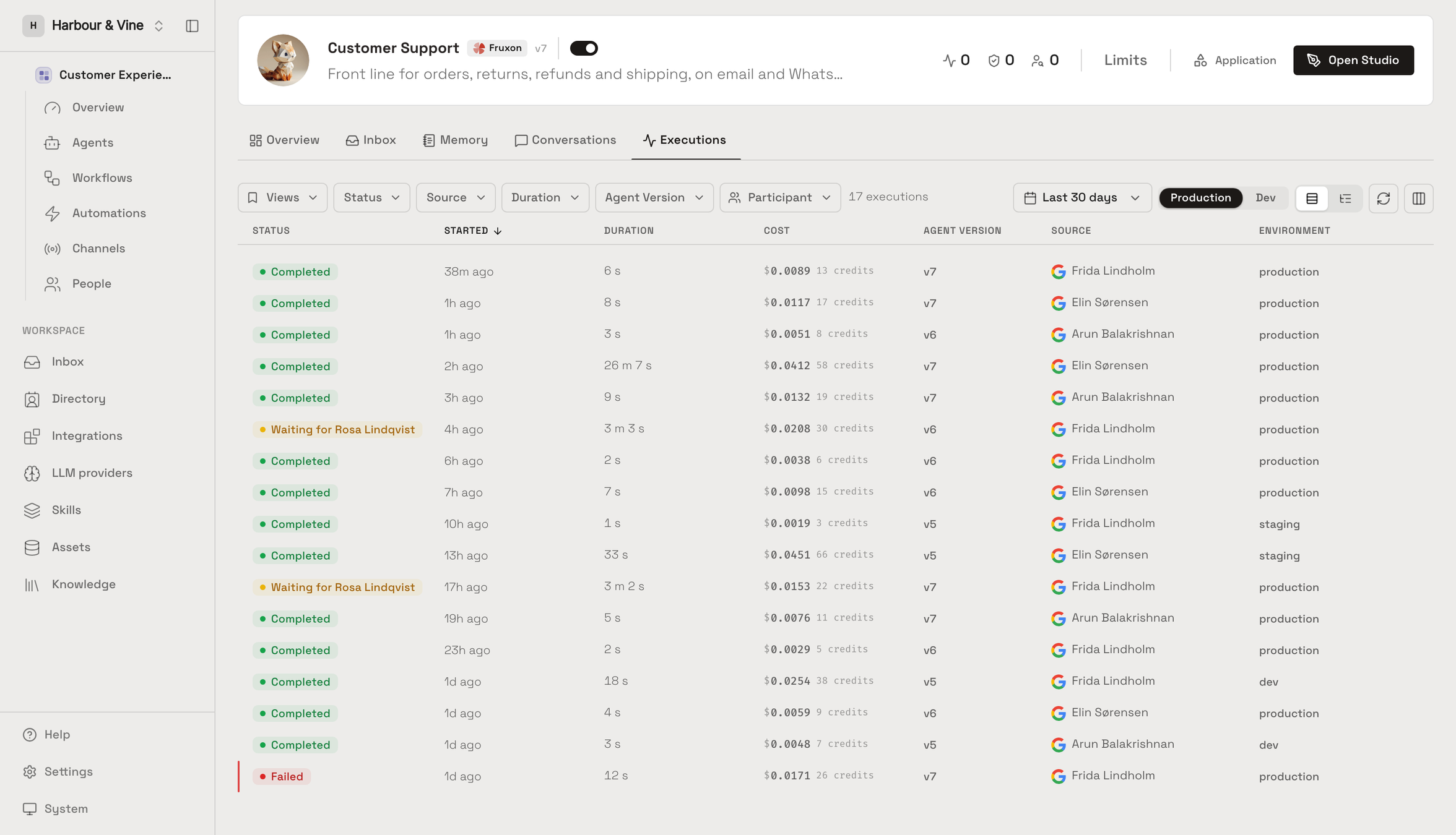 The Fruxon executions table: seventeen runs of a Customer Support agent, each row showing status, when it started, duration from one second to twenty-six minutes, cost to four decimal places, the agent version that served it, who it came from, and the environment it ran in.