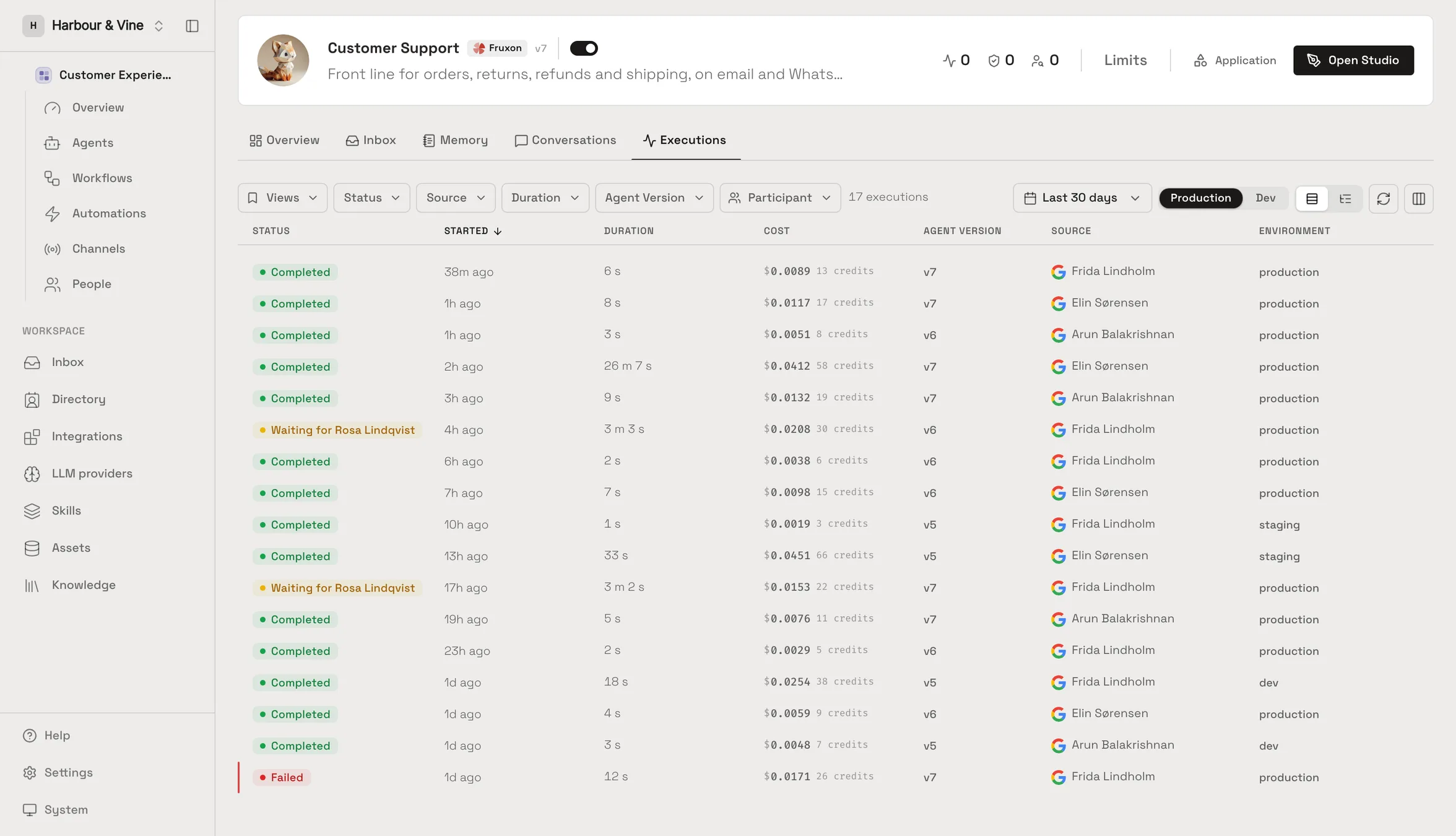 The Fruxon executions table: seventeen runs of a Customer Support agent, each row showing status, when it started, duration from one second to twenty-six minutes, cost to four decimal places, the agent version that served it, who it came from, and the environment it ran in.