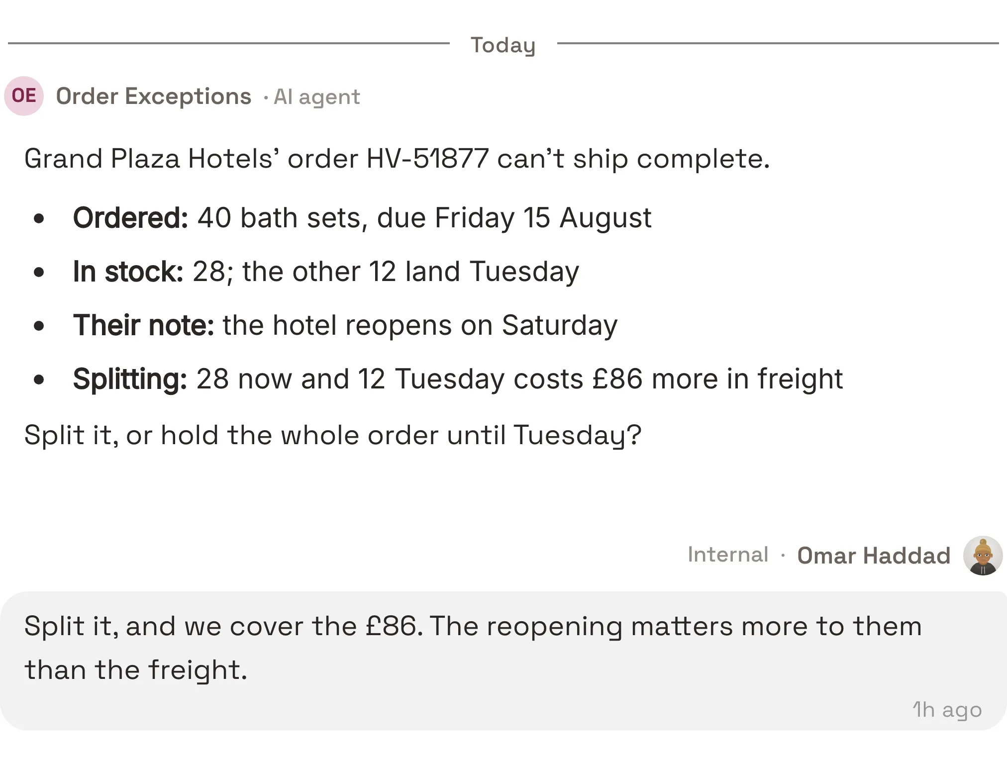 The Order Exceptions agent's Slack message to Omar Haddad: Grand Plaza Hotels' order HV-51877 for 40 bath sets can't ship complete — 28 are in stock, 12 land Tuesday, the hotel reopens Saturday, and splitting costs £86 more in freight. Omar answers: split it, and we cover the £86.